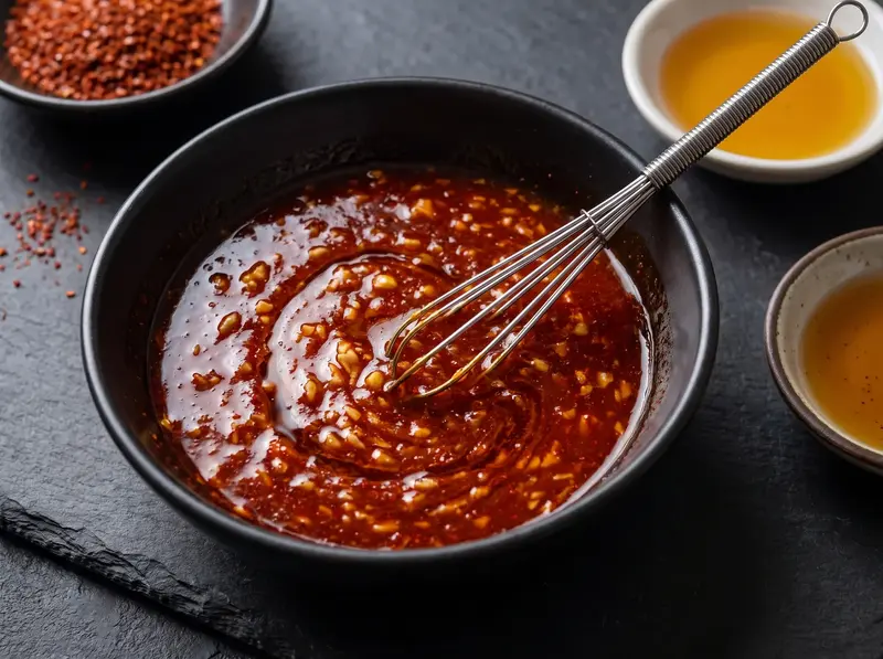 Red gochujang sauce for bibim guksu whisked in a black bowl with rice vinegar, soy sauce, sesame oil and garlic
