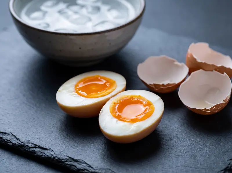 Soft-boiled eggs for bibim guksu halved to show bright orange runny yolks, beside a bowl of ice water and shells