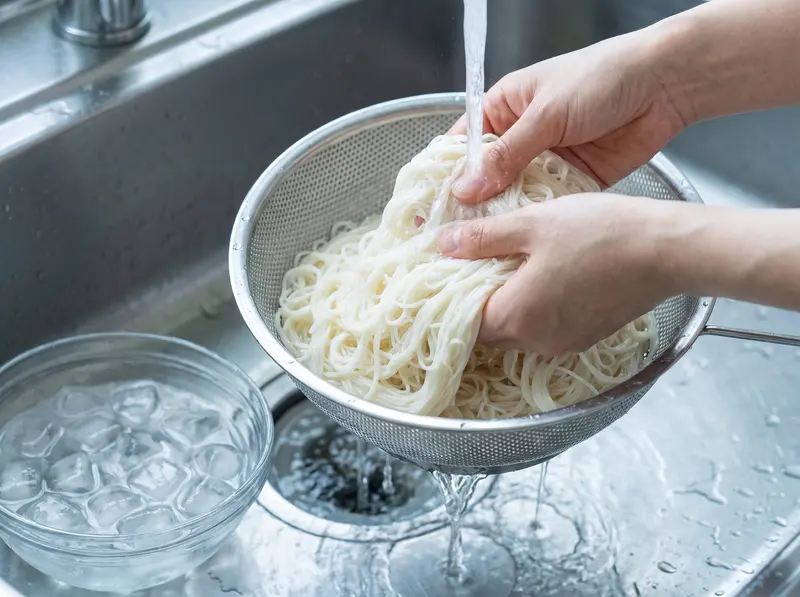 Boiled somen noodles for bibim guksu rinsed by hand under cold running water in a metal colander in the sink