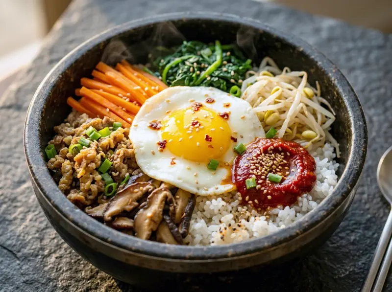 Bibimbap (Korean Mixed Rice Bowl) with short grain white rice — cooked, beef and gochujang — Korea recipe