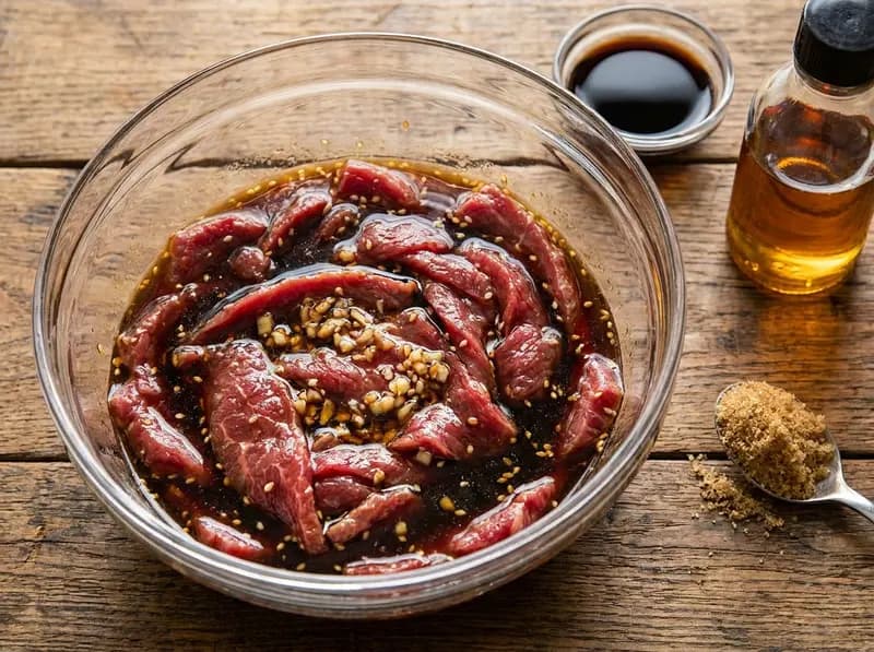 Fettine sottili di manzo in marinatura con aglio e semi di sesamo in una marinata scura di salsa di soia per bibimbap