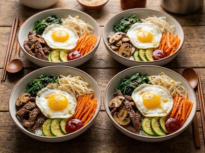 Quattro ciotole di bibimbap con namul e manzo attorno a uova all'occhio di bue e un cucchiaio di gochujang