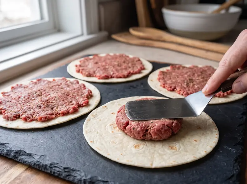 脆皮牛肉塔可:用铲子把调过味的生牛肉球压扁在小麦薄饼上,旁边还有几张饼