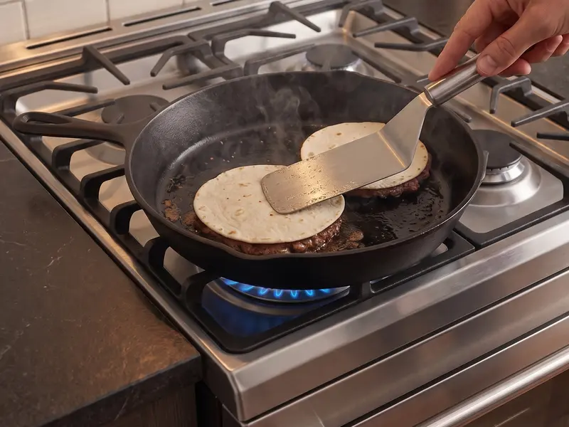 两张抹了薄层牛肉的迷你面饼肉面朝下在燃气灶上的铸铁锅里煎,锅铲压住其中一张