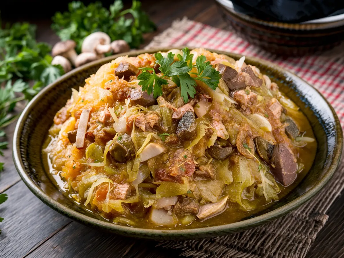 Bigos (Polish Hunter's Stew) with sauerkraut, pork and smoked sausage — Poland recipe