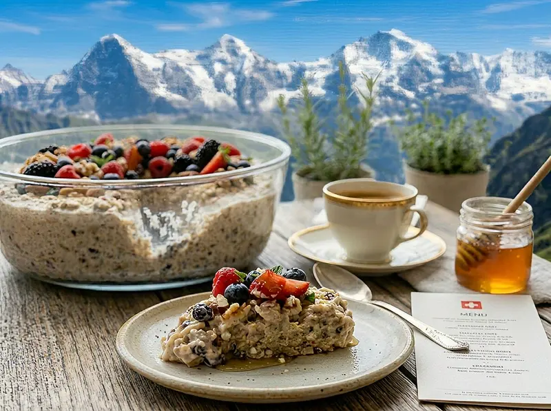 Bircher Muesli (Swiss Overnight Oats) with rolled oats, yogurt and apple — Switzerland recipe