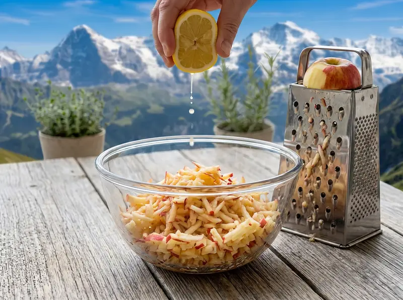 Bircher muesli: si spreme il limone sulla mela grattugiata grossa nella ciotola di vetro