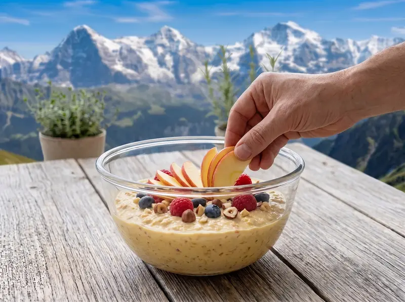 Bircher muesli: spicchi di mela, frutti di bosco e nocciole tritate sull'avena cremosa