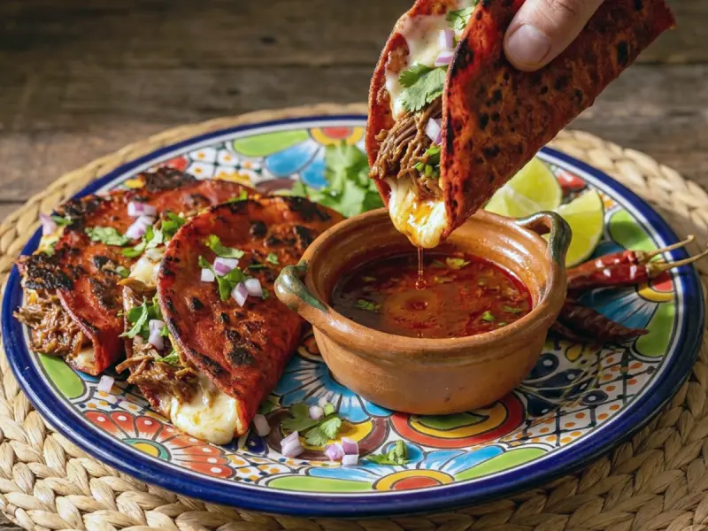 Birria Tacos with Consommé (Mexican Quesabirria with Beef and Chile Broth) with beef chuck roast, beef short ribs and guajillo chiles — Mexico recipe