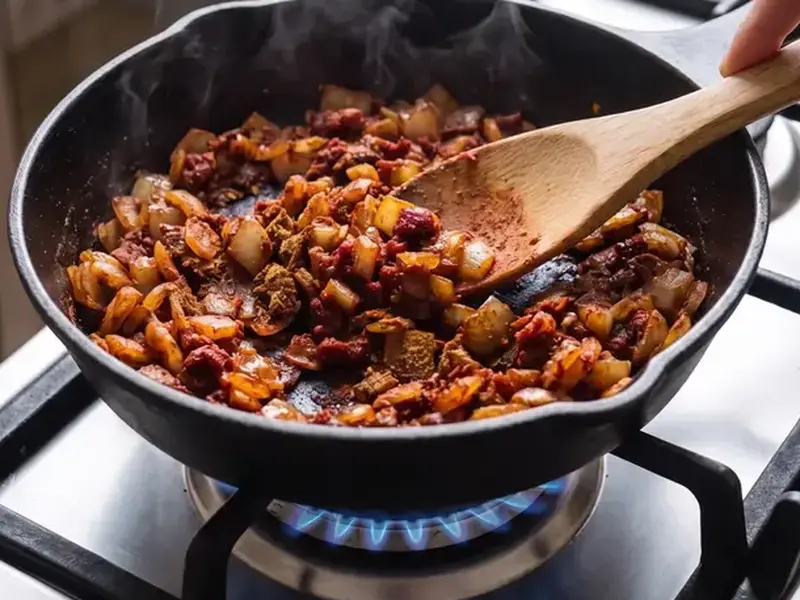 Base per i tacos di fagioli neri: cipolla, concentrato di pomodoro e spezie scuriti fino al rosso mattone.