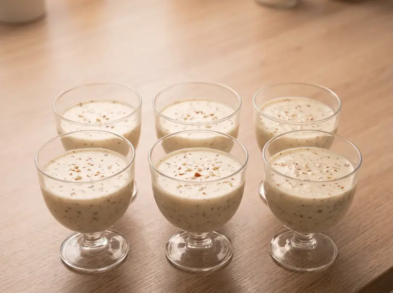 Blancmange mixture poured into six glass moulds, sprinkled with chopped almonds, ready to chill