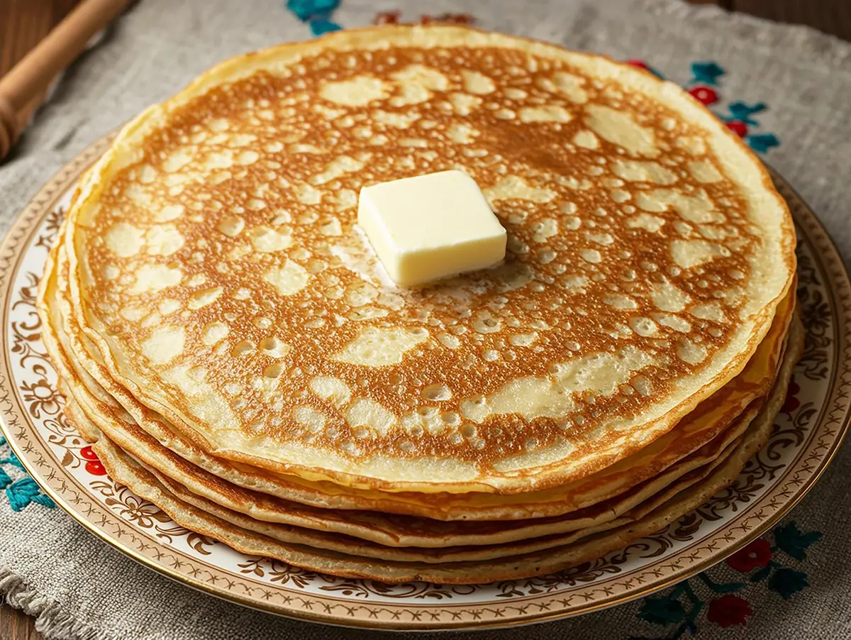 Russian Bliny (Thin Pancakes) with wheat flour, milk and eggs — Russia recipe