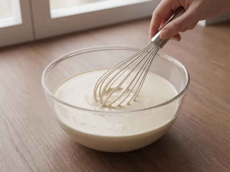 Smooth thin blini batter being whisked in a glass bowl