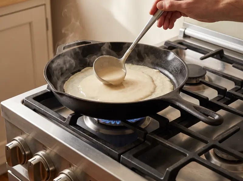 A ladle of blini batter poured into a hot cast-iron skillet on a gas burner, spreading into a thin round