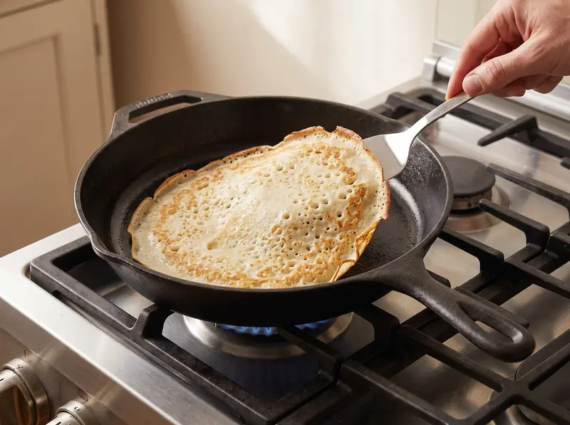 Russian blin cooking in the pan with a bubbling surface and golden edges
