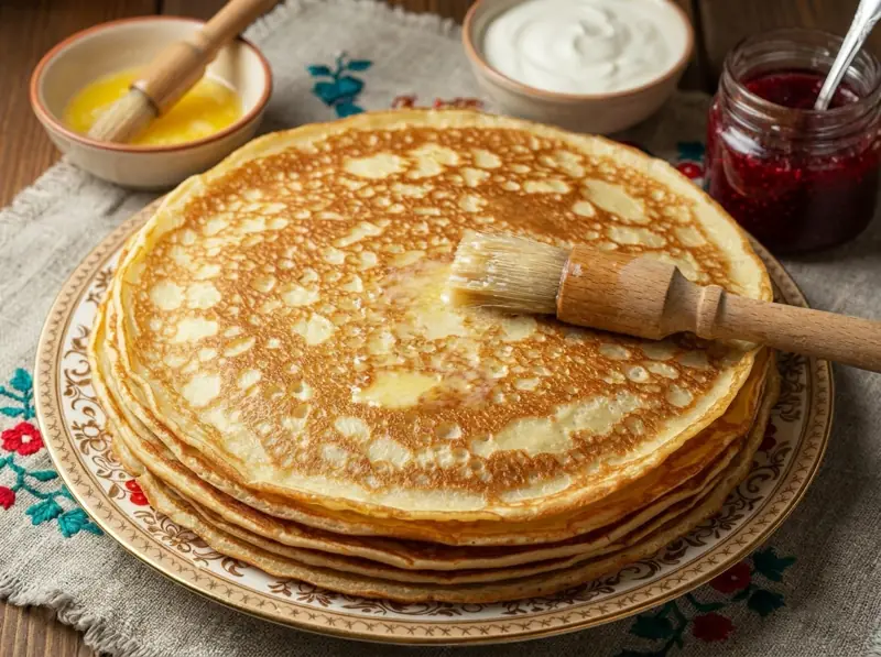 Brushing melted butter over a tall stack of thin golden blini, sour cream and jam beside