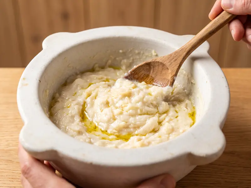 Warm flaked salt cod and garlic beaten with a wooden spoon into a creamy paste with olive oil in a stone mortar