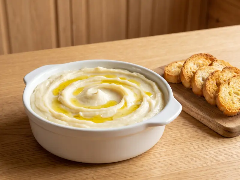 Smooth brandade de morue swirled with olive oil in a white dish beside toasted baguette croutons on a board
