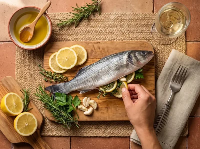 Una mano infila fette di limone, timo e prezzemolo nel ventre del branzino al sale; aglio e rosmarino accanto