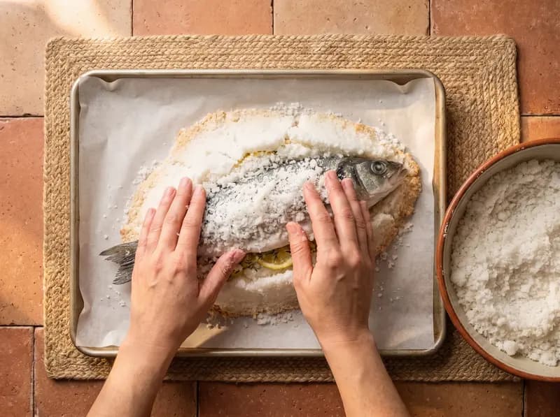 Le mani premono il sale grosso umido su un branzino intero nella teglia con carta forno; la testa è ancora scoperta