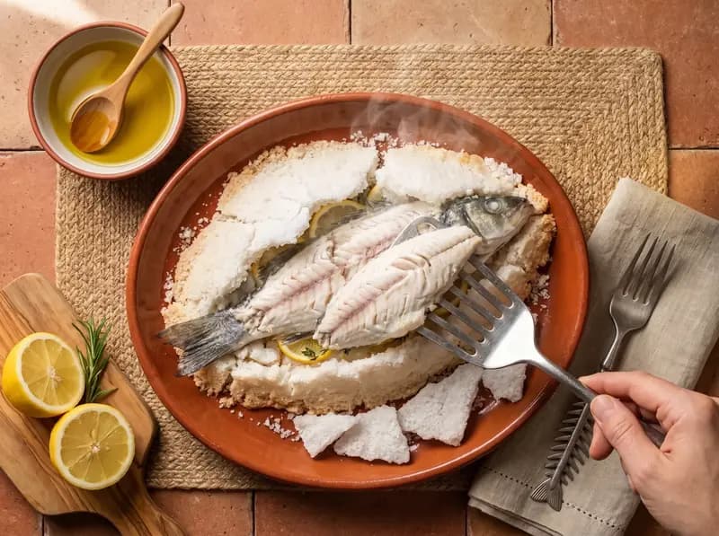 Branzino al sale con la crosta aperta e la pelle tolta; una paletta da pesce solleva il filetto superiore