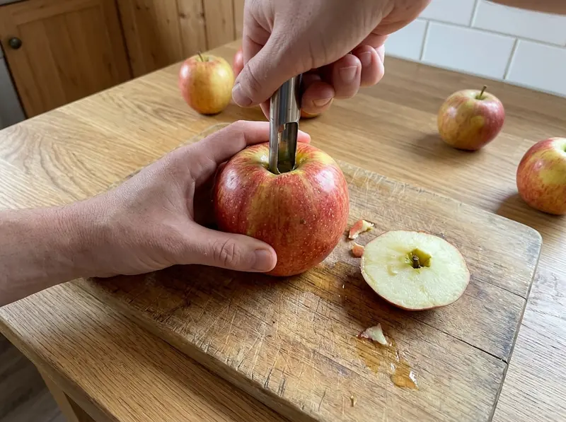 Der Apfelausstecher steckt in einem ganzen Apfel für Bratapfel, der abgeschnittene Deckel liegt daneben auf dem Brett