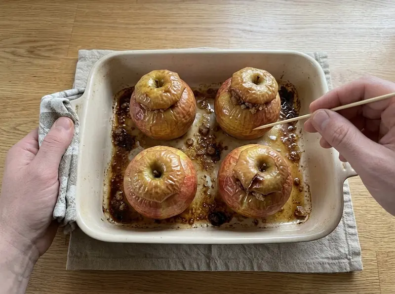 Gebackene Bratäpfel in der Form mit runzliger Schale und blubbernden Säften, ein Holzspieß steckt in einem Apfel
