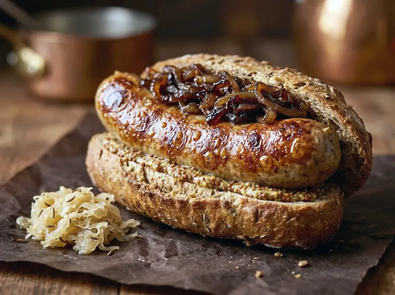 Bratwurst with fresh bratwurst, German lager and onion — Germany recipe