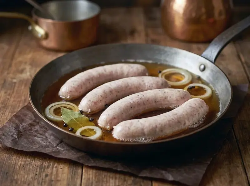 Bratwurst pochées dans la bière avec oignon et feuille de laurier