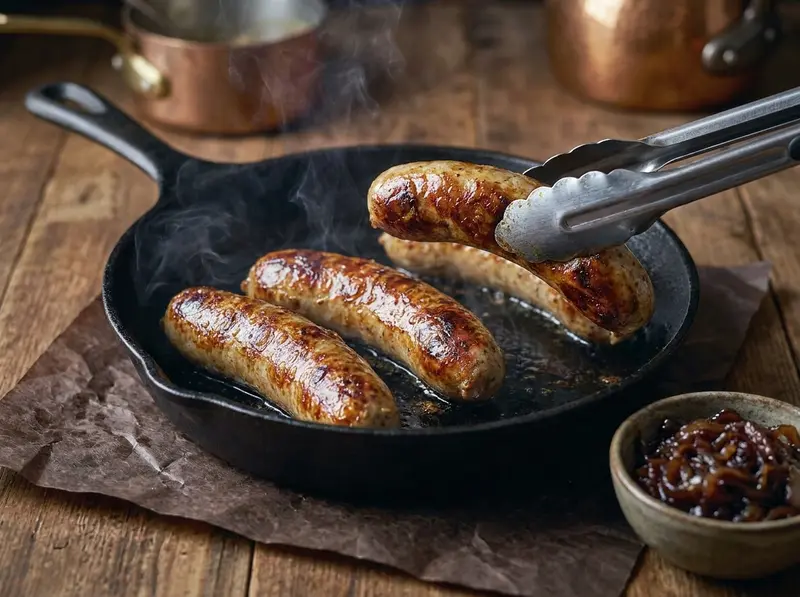 Bratwurst saisies bien dorées dans une poêle en fonte à feu vif