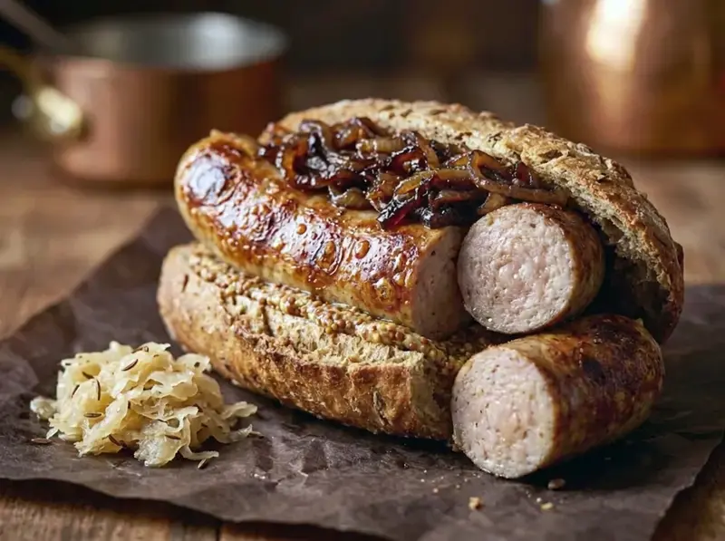 Bratwurst dans un pain fendu avec moutarde et oignons à la bière