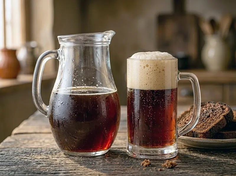 Homemade Bread Kvass with dark rye bread, sugar and yeast — Russia recipe