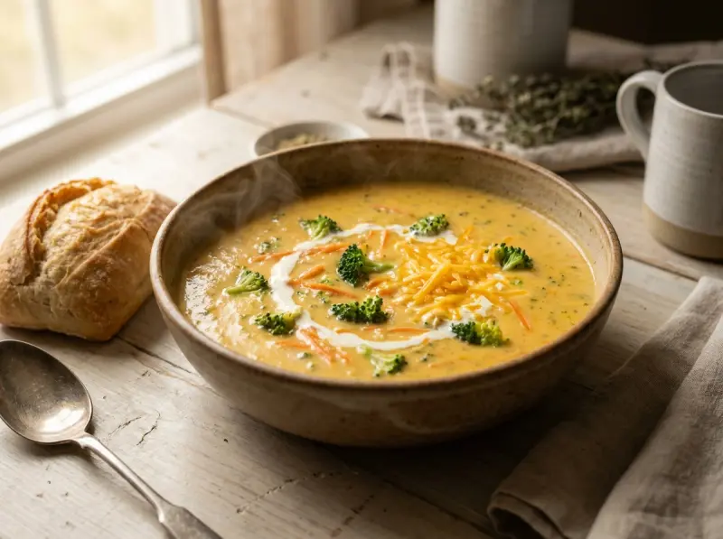 Broccoli Cheddar Soup with broccoli, sharp cheddar cheese and carrot — USA recipe