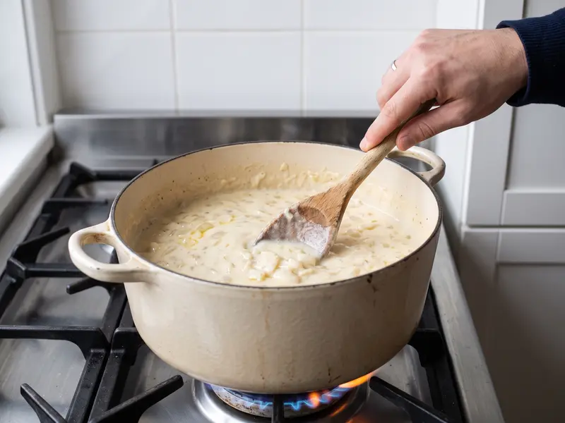 Mehl zu einer hellen Mehlschwitze für die Brokkoli-Cheddar-Suppe eingerührt