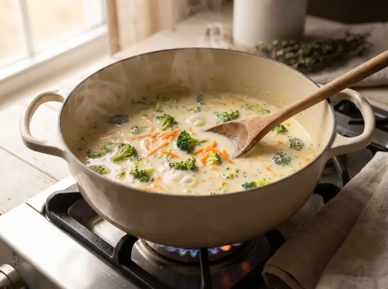 Broccoli florets and grated carrot simmering in the pot until tender
