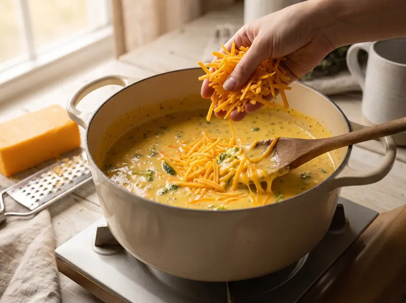 Grated cheddar melting into the broccoli soup below a simmer, stirred smooth