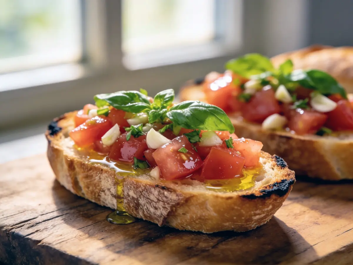 Bruschetta with baguette, basil and garlic — Italy recipe