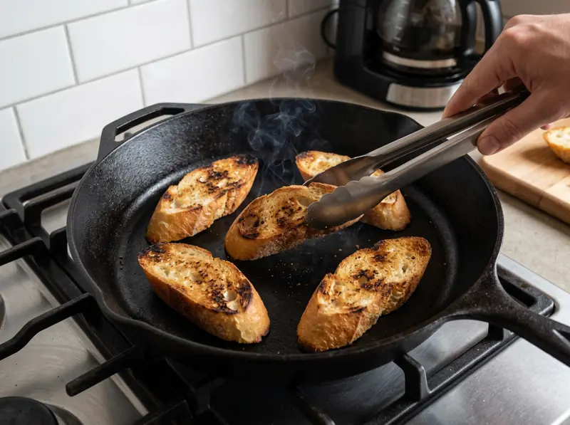 Tongs turn baguette slices toasting golden in a dry cast-iron pan for bruschetta