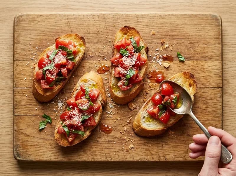 A spoon heaps diced tomato and basil onto toasted bread slices for bruschetta, parmesan on top