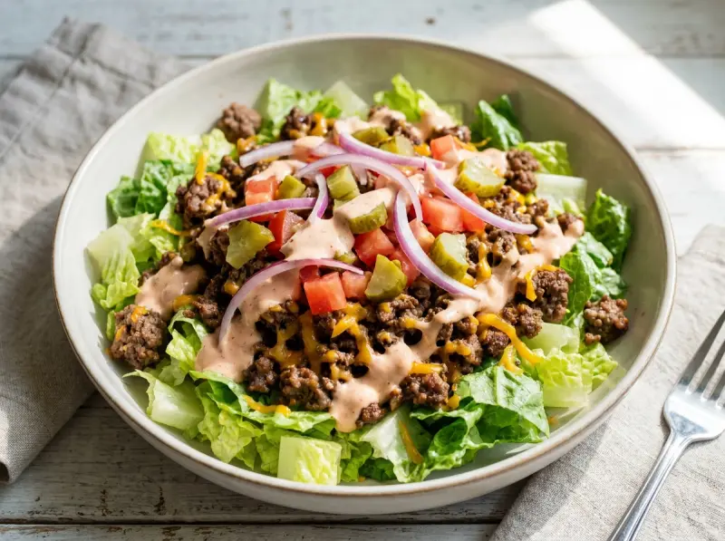 Burger Bowl with ground beef, cheddar and dill pickles — USA recipe