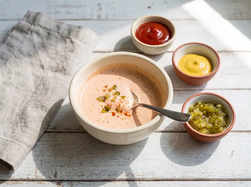 Burger bowl special sauce stirred from mayonnaise, ketchup, mustard and relish