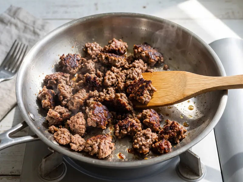 Ground beef broken up and browned with crisp edges for the burger bowl