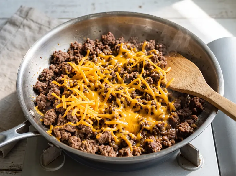 Shredded cheddar melting into the hot beef off the heat for the burger bowl