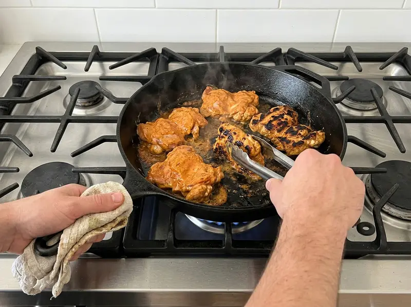 Pollo al burro: sovracosce marinate rosolano in una padella di ghisa, alcune già abbrustolite, una pinza ne gira un pezzo
