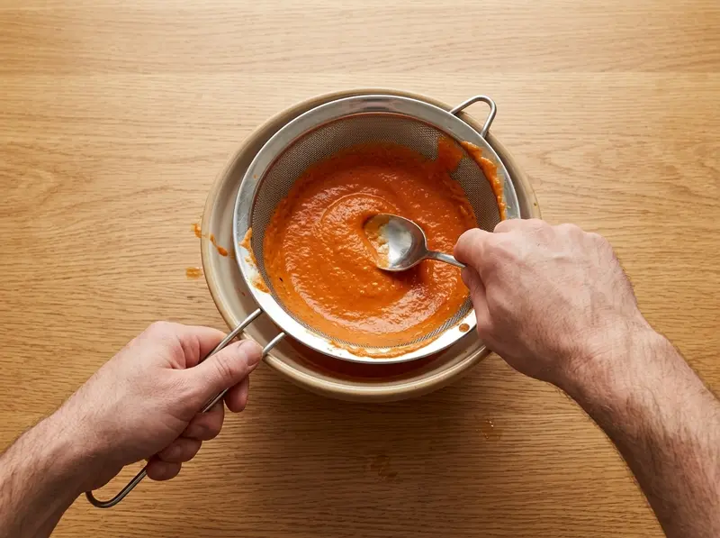 Pollo al burro: un cucchiaio passa la salsa arancione liscia di pomodoro e anacardi in un colino fine sopra una ciotola
