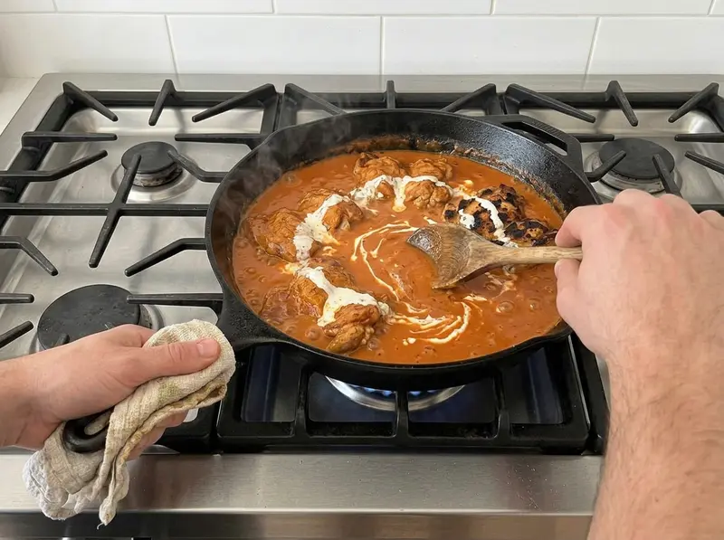 Pollo al burro: un cucchiaio di legno incorpora strisce di panna nel pomodoro arancione con pollo rosolato, padella di ghisa