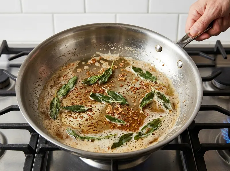 Sage leaves crisping in foaming brown butter in a steel pan on gas for butter gnocchi