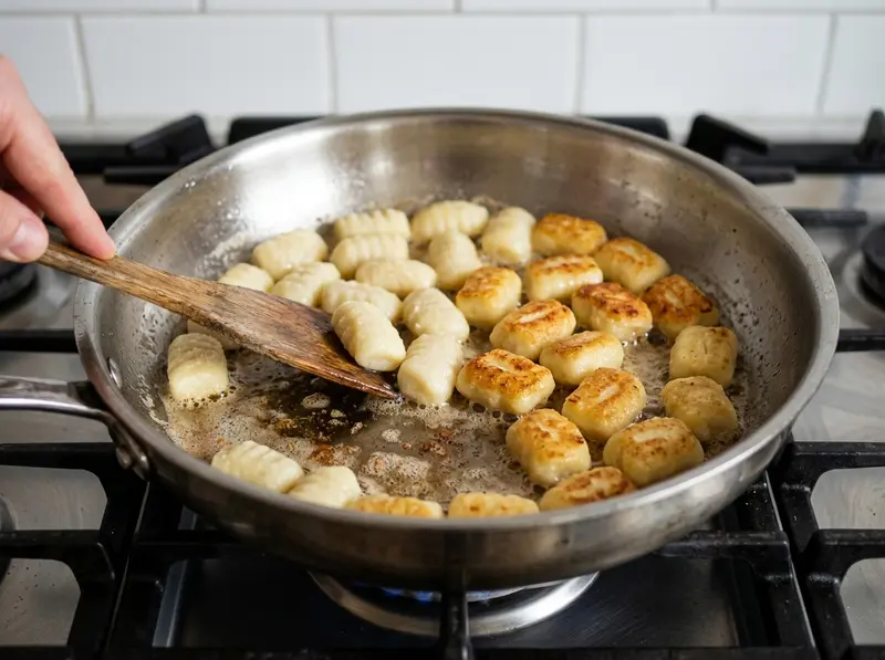 Wooden spatula turning potato gnocchi with golden crusts in brown butter in a steel pan