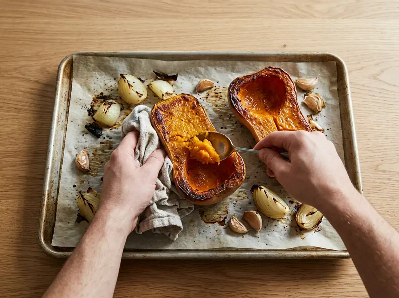 Vellutata di zucca butternut: un cucchiaio raccoglie la zucca arrostita dalla buccia su una teglia con cipolla e aglio