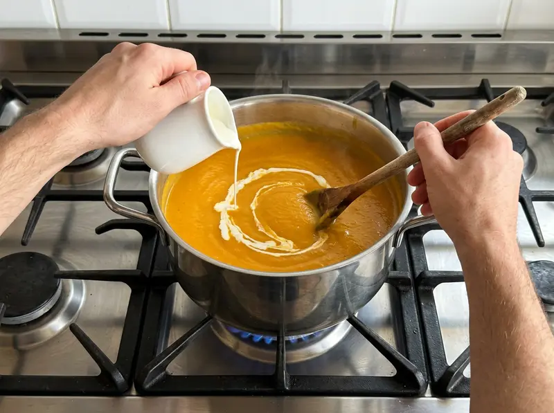 Vellutata di zucca butternut: la panna scende da un bricco nella crema arancione, un cucchiaio di legno disegna una spirale